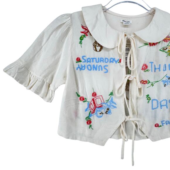 Urban Outfitters Kimchi Blue Embroidered Linen Cottagecore Crop Peter PanTop XS - Picture 8 of 8